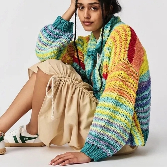 Free People Sweaters - NWT Free People Beach Market Cardigan Rainbow Chunky Crocheted Knit Oversized XS